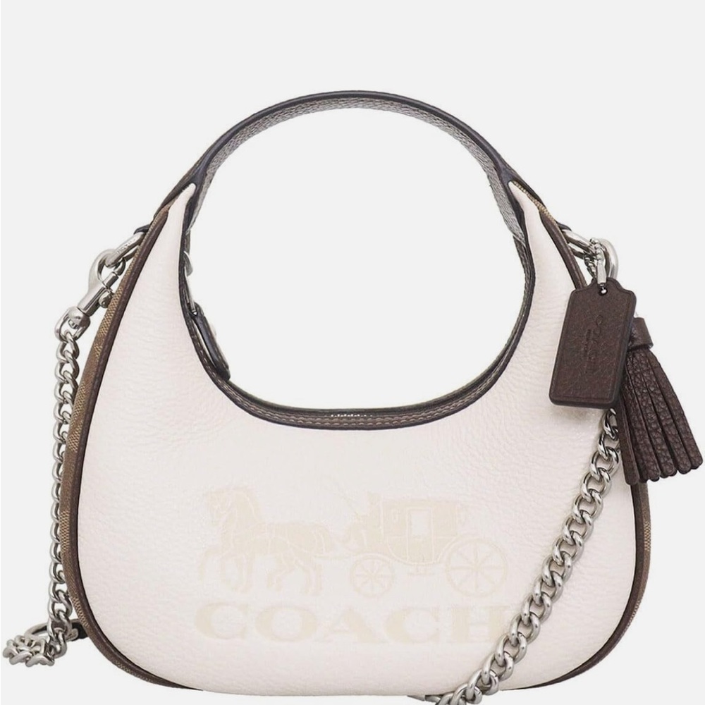 Coach Chalk and Brown Pebbled Leather Mini Hobo with Chain